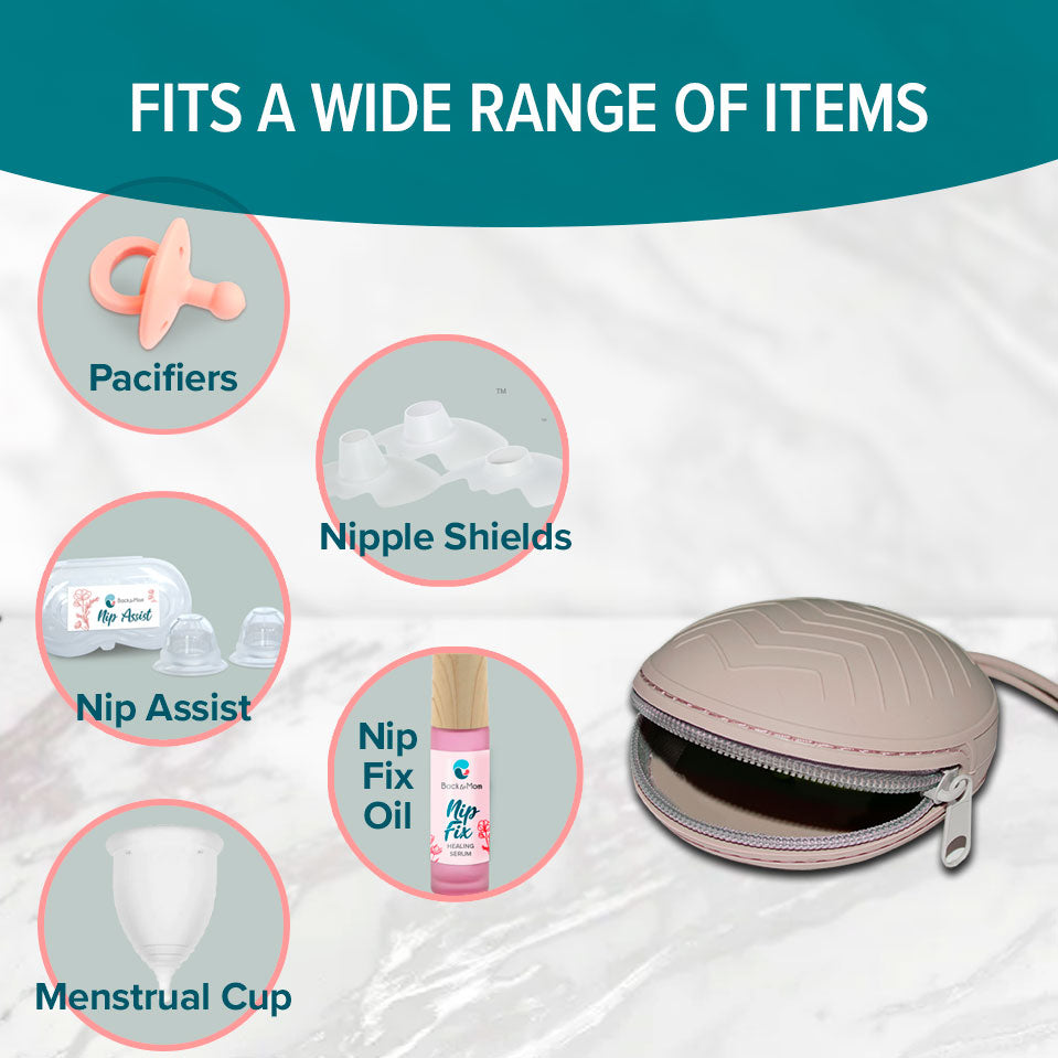 Breastfeeding kit for baby shower gift includes our carry case for pacifiers and menstrual cup case. Nipple shield case for carrying nipple shields.